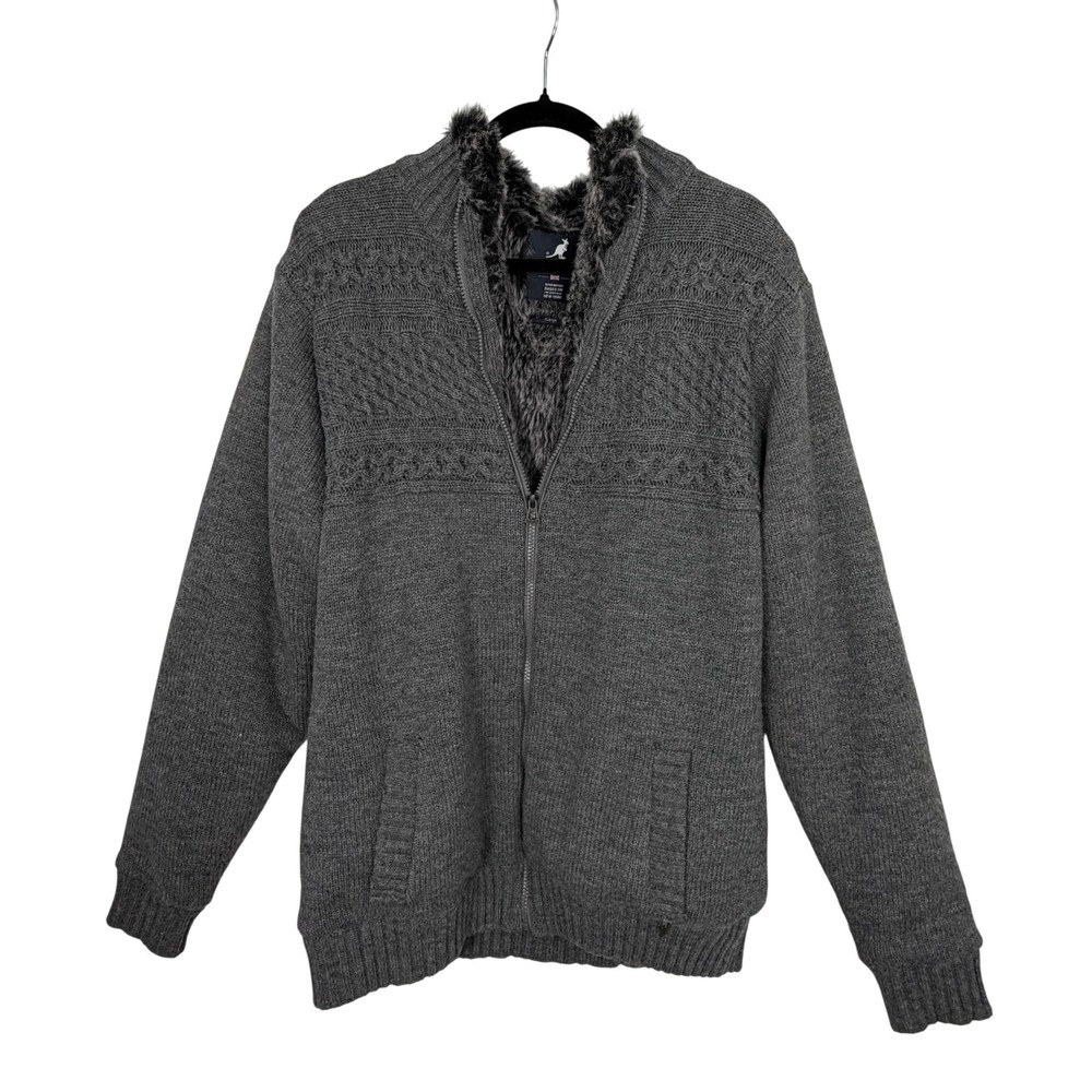 Kangol Men's Charcoal Gray Faux Fur Lined Full Zip Cardigan Sweater Size XL